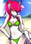  anthro beach bikini breasts bulge canine clothing dickgirl ear_piercing fox hair intersex looking_at_viewer mammal naomy navel outside piercing pink_hair seaside smile solo standing swimsuit wide_hips 