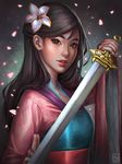  abigail_diaz artist_name black_hair brown_eyes chinese_clothes chromatic_aberration disney fa_mulan_(disney) fighting_stance flower hair_flower hair_ornament holding holding_sword holding_weapon lips long_hair mulan petals solo sword upper_body vignetting watermark weapon 