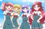  commentary_request dress earrings flower hair_flower hair_ornament himawari_(fairilu) jewelry key lip_(fairilu) multiple_girls onomekaman pinafore_dress pointy_ears puffy_short_sleeves puffy_sleeves rilu_rilu_fairilu rose_(fairilu) short_sleeves sumire_(fairilu) sunflower 