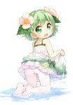  ass blush dress eyebrows flower green_eyes green_hair hair_flower hair_ornament kinoko-san kito_(sorahate) looking_at_viewer looking_back no_shoes open_mouth original pantyhose petticoat short_hair simple_background skirt_hold solo thick_eyebrows water wet white_background white_legwear 