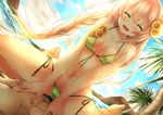  1girl ^_^ ^o^ abs bikini blue_sky blush braid breasts cleavage closed_eyes cloud day dies_irae flower green_bikini hair_flower hair_ornament long_hair medium_breasts mia_(gute-nacht-07) mountain navel ocean outdoors palm_tree partially_visible_vulva pink_hair rusalka_schwagerin sitting sitting_on_person sky spread_legs swimsuit teeth tree twin_braids very_long_hair wet 