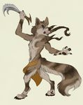  5_fingers anthro armpits black_lips black_nose blue_eyes braided_hair brown_fur brown_hair canine claws ear_piercing fluffy fluffy_tail fur grey_fur hair luna68 male mammal open_mouth pawpads piercing simple_background solo standing teeth weapon white_background wolf 