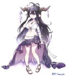  ahoge arm_wrap bangs bikini bikini_bottom bikini_top black_hair breasts cleavage commentary_request danua draph granblue_fantasy hair_between_eyes horn_ornament horns jewelry large_breasts long_hair necklace purple_eyes sandals sarong sketch solo swimsuit thumb_sucking tomoyohi translation_request twitter_username white_bikini 