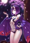  absurdres breasts cherry_blossoms cleavage covered_nipples cup fate/grand_order fate_(series) hair_ornament hand_on_hip highres holding horns jar long_sleeves looking_at_viewer navel night oni purple_eyes purple_hair sakazuki short_hair shuten_douji_(fate/grand_order) side_ponytail sideboob small_breasts solo wide_sleeves yin_lan_xue 