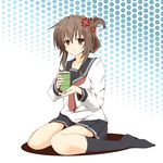  anger_vein brown_eyes brown_hair cup drum_(container) folded_ponytail highres inazuma_(kantai_collection) kantai_collection kisaragi_yuu_(re:lucks) long_hair mug school_uniform serafuku sitting solo wariza 