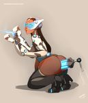  1girl anal anal_object_insertion artist_name ass bottomless brown_hair dark_skin female goggles kneeling large_insertion lips long_hair overwatch parted_lips pussy shadow simple_background sinner!_(sillygirl) solo symmetra_(overwatch) thigh_boots weapon 