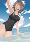  :d ^_^ breasts brown_hair closed_eyes cloud competition_swimsuit day highres love_live! love_live!_sunshine!! medium_breasts ocean one-piece_swimsuit open_mouth short_hair sky smile solo swimsuit watanabe_you water yadamou 
