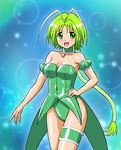  breasts choker detached_sleeves garters green_choker green_eyes green_hair green_leotard hair_tubes highres hyumasu leotard magical_girl medium_breasts mew_lettuce midorikawa_lettuce open_mouth puffy_detached_sleeves puffy_sleeves short_hair smile solo tokyo_mew_mew 