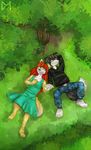  canine clothing diaminerre dress eyewear fox glasses hair looking_at_sky mammal nature red_hair romantic romantic_couple tree wolf ych 