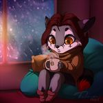  anthro beverage big_eyes canine chibi clothed clothing cup female fox inside mammal open_mouth sitting snow solo tea tsukinori 