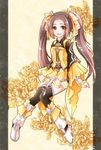  boots brown_eyes brown_hair dress frilled_dress frills full_body hair_ornament jian_xia_qing_yuan_online_3 latealatea long_hair open_mouth short_dress smile solo thighhighs twintails white_footwear wide_sleeves yellow_dress zettai_ryouiki 