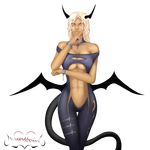  1girl blackknight23 body_suit breasts chains choker cross dark_skin demon_girl high_res horns large_breasts leather leather_suit necklace succubus tail torn_clothes white_eyes white_hair wings 