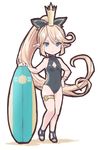 :&lt; black_bow black_swimsuit blonde_hair blue_eyes bow bracelet breasts charlotta_fenia cleavage cleavage_cutout crown full_body granblue_fantasy hair_bow hair_up harvin high_ponytail jewelry long_hair one-piece_swimsuit pointy_ears sandals sherad simple_background small_breasts solo standing surfboard swimsuit thigh_strap white_background 