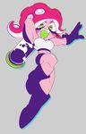  bike_shorts boots breasts chromatic_aberration fangs gloves green_eyes grey_background ink_tank_(splatoon) jumping limited_palette medium_breasts midriff octarian octoling pink_hair simple_background sizma smile solo splatoon_(series) splatoon_1 takozonesu tentacle_hair 