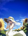  bare_shoulders blue_eyes blue_hair blush bracelet breasts cloud day dress flower from_side hand_on_headwear hat head_tilt hibiki_(kantai_collection) highres honjou_masato jewelry kantai_collection long_hair looking_at_viewer outdoors parted_lips sky sleeveless sleeveless_dress small_breasts solo straw_hat sun_hat sundress sunflower white_dress wind 