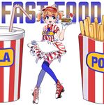  blue_legwear cup disposable_cup food french_fries gloves green_eyes hamburger minamijima_command oldschool orange_hair original roller_skates short_twintails simple_background skates smile solo striped thighhighs twintails vertical_stripes visor_cap waitress white_background 