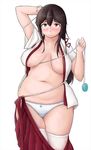  :&gt; akagi_(kantai_collection) arm_up blush breasts breasts_apart brown_eyes brown_hair closed_mouth collarbone hair_between_eyes hand_behind_head holding huge_breasts kantai_collection long_hair navel open_clothes open_shirt panties pleated_skirt plump red_skirt shigekikkusu shirt short_sleeves simple_background skirt solo sweatdrop tape_measure thighhighs underwear white_background white_legwear white_panties 
