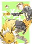  3awara bad_id bad_pixiv_id blonde_hair copyright_name gen_1_pokemon gloves green_background grin hood hoodie jacket jolteon leg_up looking_at_viewer male_focus open_clothes open_jacket orange_gloves poke_ball pokemon pokemon_(creature) pokemon_go smile spark_(pokemon) yellow_eyes 