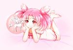  barefoot bishoujo_senshi_sailor_moon bubble chibi_usa chin_rest crescent double_bun dress facial_mark forehead_mark full_body horn latealatea legs_up lying nightgown on_stomach pegasus pegasus_(sailor_moon) pink_dress pink_eyes pink_hair small_lady_serenity smile soles the_pose toes twintails 