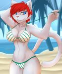  anthro beach big_breasts bikini breasts clothing feline female hair hi_res mammal navel outside red_hair seaside slit_pupils smile solo standing swimsuit thick_thighs wide_hips xaenyth 