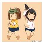  alternate_costume bare_shoulders black_hair blush brown_eyes brown_hair capriccyo clenched_hand commentary_request competition_school_swimsuit hair_ornament hair_ribbon hand_on_hip hands_in_pockets headgear hood hoodie ise_(kantai_collection) kantai_collection long_hair looking_at_viewer multiple_girls one-piece_swimsuit ponytail red_eyes ribbon short_hair sleeveless sleeveless_hoodie sleeves_rolled_up smile swimsuit swimsuit_under_clothes twitter_username visor_cap yamashiro_(kantai_collection) 