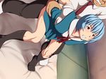  1girl ayanami_rei bent_over blue_hair blush breasts clenched_teeth clothed_sex collared_shirt feet futon highres indoors legs looking_away maku_(l-u) necktie neon_genesis_evangelion no_panties no_shoes red_eyes school_uniform sex short_hair short_sleeves small_breasts socks solo_focus thighs vaginal 