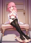  1girl bare_shoulders black_legwear black_panties blush breasts covering covering_breasts highres large_breasts long_hair looking_at_viewer open_mouth orange_eyes panties pink_hair shirt sitting thighhighs tirpitz_(warship_girls_r) underwear warship_girls_r ze_(wzfnn001) 