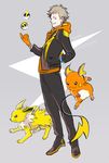  arm_behind_back bad_id bad_pixiv_id brown_hair full_body gen_1_pokemon gloves grey_background hood hoodie jacket jolteon male_focus ondanka open_clothes open_jacket orange_gloves parted_lips poke_ball pokemon pokemon_(creature) pokemon_go profile raichu simple_background smile spark_(pokemon) spiked_hair ultra_ball wristband 