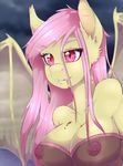  2016 anthro anthrofied areola bat_pony bat_wings blood breasts cheezayballz clothing female flutterbat_(mlp) fluttershy_(mlp) friendship_is_magic fur hair hi_res long_hair membranous_wings my_little_pony nipples outside pink_hair solo translucent transparent_clothing wings 