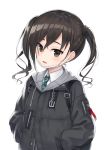  1girl backpack bag black_hair black_jacket blush breast_pocket brown_eyes buckle commentary drawstring eyebrows_visible_through_hair green_neckwear hair_between_eyes hair_tie head_tilt heijialan idolmaster idolmaster_cinderella_girls jacket long_hair long_sleeves looking_at_viewer mask_pull mole mole_under_eye necktie parted_lips pocket sharp_teeth simple_background solo striped striped_neckwear sunazuka_akira surgical_mask symbol_commentary teeth upper_body white_background wing_collar zipper zipper_pull_tab 