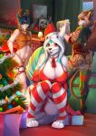  anthro big_breasts bra breasts bulge butt canine christmas christmas_tree clothed clothing crossdressing crouching feline female girly group holidays horn humanoid knight_dd legwear looking_at_viewer male mammal prince_vaxis smile standing thick_thighs thigh_highs tree underwear wings 
