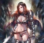  2016 arm_belt armor armored_boots backlighting bangs belt bikini_armor boots breasts brown_hair cape cleavage closed_mouth cowboy_shot dual_wielding floating_hair gauntlets gorget head_tilt holding holding_sword holding_weapon large_breasts lens_flare long_hair micro_panties navel o-ring o-ring_bottom original panties pauldrons red_eyes signature solo stomach swept_bangs sword thigh_boots thighhighs underwear weapon wuduo 