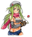  beanie bikini_top black_gloves blush breasts bright_pupils cleavage elbow_gloves gloves green_hair groin hat large_breasts long_hair low_ponytail navel original perky_breasts poke_ball pokemon purple_eyes sachito scarf short_shorts shorts simple_background smile solo white_background yunomiya_agari 