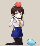  1girl balloon beige_background black_legwear breast_padding brown_eyes brown_hair commentary hakama_skirt japanese_clothes kaga_(kantai_collection) kantai_collection kneeling nakashino_setsu open_mouth side_ponytail simple_background solo tasuki thighhighs younger 