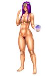  1girl barefoot blush breasts dragon_quest dragon_quest_iv female looking_at_viewer minea nipples nude pubic_hair purple_eyes purple_hair solo somaria standing tan 