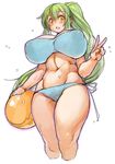  ball beachball bikini blue_bikini blush breasts covered_nipples green_hair groin high_ponytail huge_breasts long_hair navel original sachito side-tie_bikini simple_background solo sumi-chan_(sachito) swimsuit thick_thighs thighs v white_background yellow_eyes 