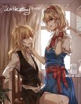  alice_margatroid arms_behind_back black_skirt black_vest blonde_hair blue_dress blue_eyes bound bound_wrists capelet collarbone commentary_request curtains dress hair_over_one_eye hair_tucking hairband hand_on_another's_cheek hand_on_another's_face kirisame_marisa lolita_hairband long_hair looking_at_another meng_ziya milk_carton multiple_girls parted_lips sash shirt short_hair sitting skirt smile sunlight sweat touhou unbuttoned untucked_shirt vest white_shirt window wrist_cuffs yellow_eyes yuri 