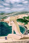 :d ahoge beer_can blonde_hair blue_eyes blush boat brand_name_imitation breasts building can from_behind full_body hand_behind_head hiropyon long_hair looking_back medium_breasts new_game! number open_mouth outdoors road sitting smile solo t-back thong topless very_long_hair water watercraft yagami_kou 