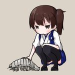  beige_background black_legwear brown_eyes brown_hair commentary hakama_skirt hand_on_own_knee isopod japanese_clothes kaga_(kantai_collection) kantai_collection nakashino_setsu petting sandals side_ponytail simple_background squatting tasuki thighhighs younger 