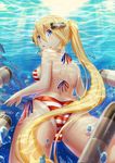  american_flag_bikini archerfish_(zhan_jian_shao_nyu) ass bad_id bad_pixiv_id bare_arms bikini blonde_hair blue_eyes blush breasts bubble cowboy_shot fish flag_print from_behind hair_between_eyes long_hair looking_at_viewer looking_back medium_breasts parted_lips ponytail shoulder_blades shoutai_(7490773) side-tie_bikini solo string_bikini sunlight swimsuit torpedo underwater very_long_hair zhan_jian_shao_nyu 