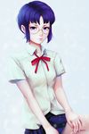  blue_eyes blue_hair blurry chromatic_aberration ciel depth_of_field glasses highres lips looking_at_viewer miura-n315 neck_ribbon pleated_skirt ribbon round_eyewear school_uniform shirt short_hair sidelocks sitting skirt solo tsukihime 