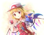  ascot bag bat blonde_hair blush bow buttons closed_mouth eyelashes fang fang_out fangs fedora flandre_scarlet frilled_shirt_collar frilled_sleeves frills gen_1_pokemon handbag hat holding holding_poke_ball looking_at_viewer minust over_shoulder poke_ball pokemon pokemon_(creature) puffy_short_sleeves puffy_sleeves red_bow red_eyes red_skirt red_vest scrunchie shirt short_hair short_sleeves skirt smile teeth tooth touhou upper_body vest vs_seeker white_hat white_shirt wrist_cuffs zubat 