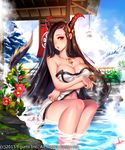  :o architecture ayanami_(maboroshi_juuhime) black_hair breast_hold breasts demon_horns east_asian_architecture highres horns jewelry large_breasts long_hair looking_at_viewer maboroshi_juuhime md5_mismatch naked_towel necklace one_eye_closed onsen orange_eyes original sitting soaking_feet solo towel very_long_hair water winter yoda_(ayanamikodon) 