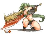  barefoot bike_shorts black_gloves breasts copyright_name fingerless_gloves full_body gloves green_hair high_ponytail holding holding_sword holding_weapon large_breasts long_hair monster_hunter monster_hunter_x navel original perky_breasts sachito shadow simple_background solo squatting sumi-chan_(sachito) sword thick_thighs thighs toeless_legwear very_long_hair weapon white_background yellow_eyes 