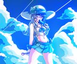  aduare_mi blouse blue_eyes blue_hair buttons cloud cloudy_sky crop_top crusaders_quest day earrings food hat highres jewelry looking_away maria_(crusaders_quest) midriff miniskirt popsicle ribbon skirt sky solo spoon 