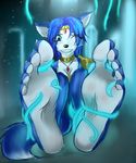  4_toes anthro barefoot big_ears black_nose blue_eyes blue_fur claws clothing female foot_fetish foot_focus fur hair_ornament headband jewelry krazoa krystal magaru109_(artist) necklace nintendo one_eye_closed smile solo star_fox tentacles tickling toe_claws toes video_games 
