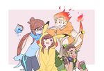  2girls :d arm_on_head arm_tattoo artist_name bad_id bad_twitter_id bare_shoulders black_gloves blonde_hair blue_gloves blue_legwear brown_eyes brown_hair bulbasaur bulbasaur_(cosplay) charmander charmander_(cosplay) cosplay d.va_(overwatch) dark_skin dark_skinned_male drone eyebrows eyebrows_visible_through_hair facepaint facial_mark fang fiery_hair fingerless_gloves fire floating gen_1_pokemon glasses gloves green_gloves grin hair_bun hairlocs hood hoodie junkrat_(overwatch) lucio_(overwatch) mei_(overwatch) mismatched_gloves multicolored_hair multiple_boys multiple_girls open_mouth orange_eyes orange_gloves orange_hair overwatch panza pikachu pikachu_(cosplay) pokemon ponytail robot sidelocks smile snowball_(overwatch) squirtle squirtle_(cosplay) tail-tip_fire tank_top tattoo turtle_shell two-tone_hair visor whisker_markings 