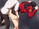  1girl against_wall ass bent_over censored clothed_sex dress highres indoors jacket katsuragi_misato legs long_hair long_sleeves maku_(l-u) mosaic_censoring neon_genesis_evangelion panties panty_pull penis pink_panties purple_hair sex shoes socks sweat thighs underwear vaginal 