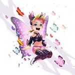  black_hair blonde_hair braid bug butterfly butterfly_wings child detached_sleeves double_bun forehead full_body halter_top halterneck highres insect jojo_no_kimyou_na_bouken kuujou_jolyne midriff milnoe multicolored_hair navel open_mouth short_shorts shorts single_braid smile solo stone_ocean thighhighs twitter_username two-tone_hair wings younger 