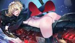  1girl absurdres anus artoria_pendragon_(all) artoria_pendragon_(swimsuit_rider_alter) ass back bikini_top black_bikini_top black_jacket black_legwear blonde_hair blue_bow blush bottomless bow breasts cum cum_in_pussy cumdrip eyebrows_visible_through_hair fate/grand_order fate_(series) from_side ground_vehicle hair_bow heart heart-shaped_pupils highres jacket jeffrey10 long_sleeves looking_at_viewer looking_to_the_side lying maid_headdress medium_breasts motor_vehicle motorcycle on_stomach open_clothes open_jacket open_mouth outdoors overflow pussy rain saliva short_hair sideboob sidelocks slap_mark solo spread_legs symbol-shaped_pupils thighhighs v-shaped_eyebrows water yellow_eyes 